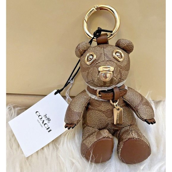 Coach Handbags - NWT COACH BEAR BAG CHARM BLOCKED SIGNATURE CANVAS LEATHER KEY RING TAN BROWN